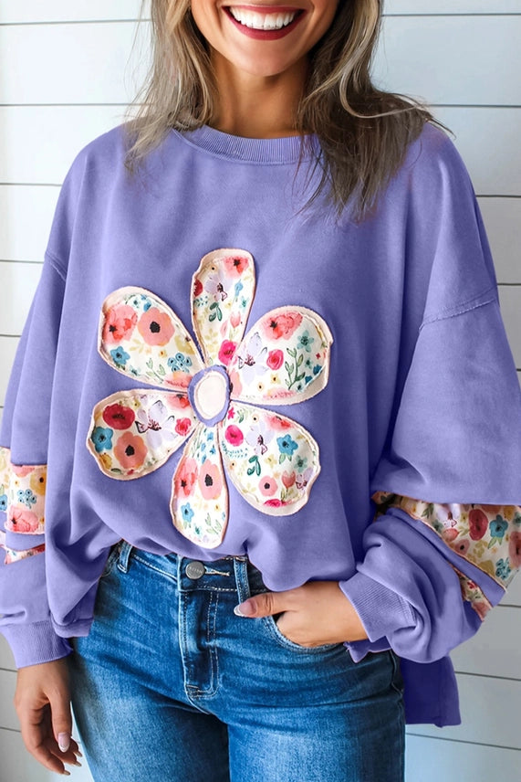 Fabric applique flower crew neck