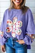 Fabric applique flower crew neck