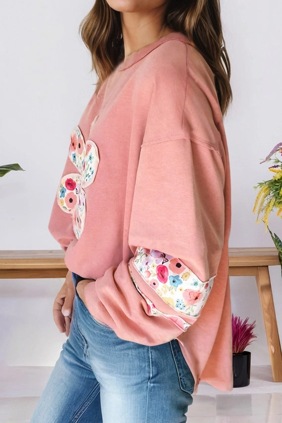Fabric applique flower crew neck