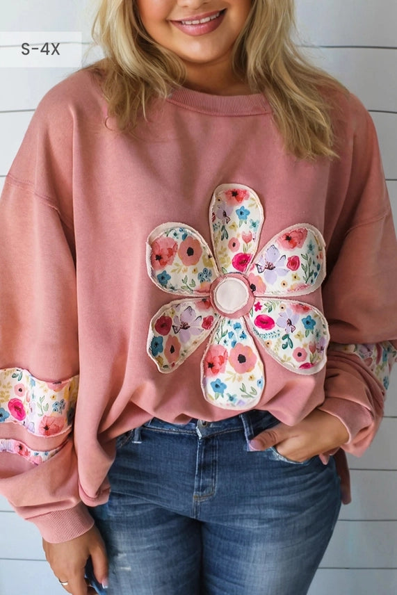Fabric applique flower crew neck
